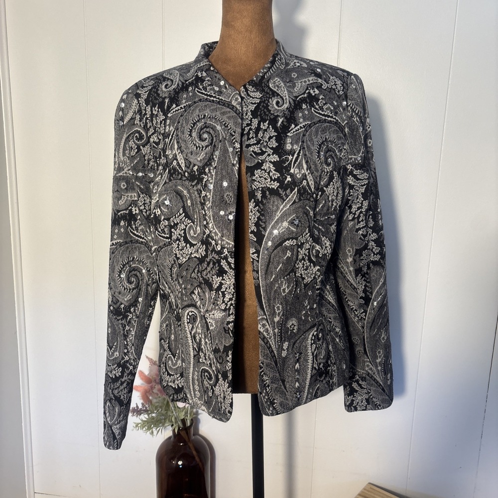 Dress Barn Black Silver Sparkly Woman's Jacket Open Front Sz 12 Holiday Party